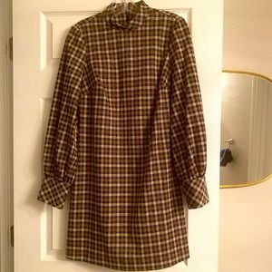 Calvin Klein blue/gold/white plaid dress with mock neck and a 60s vibe